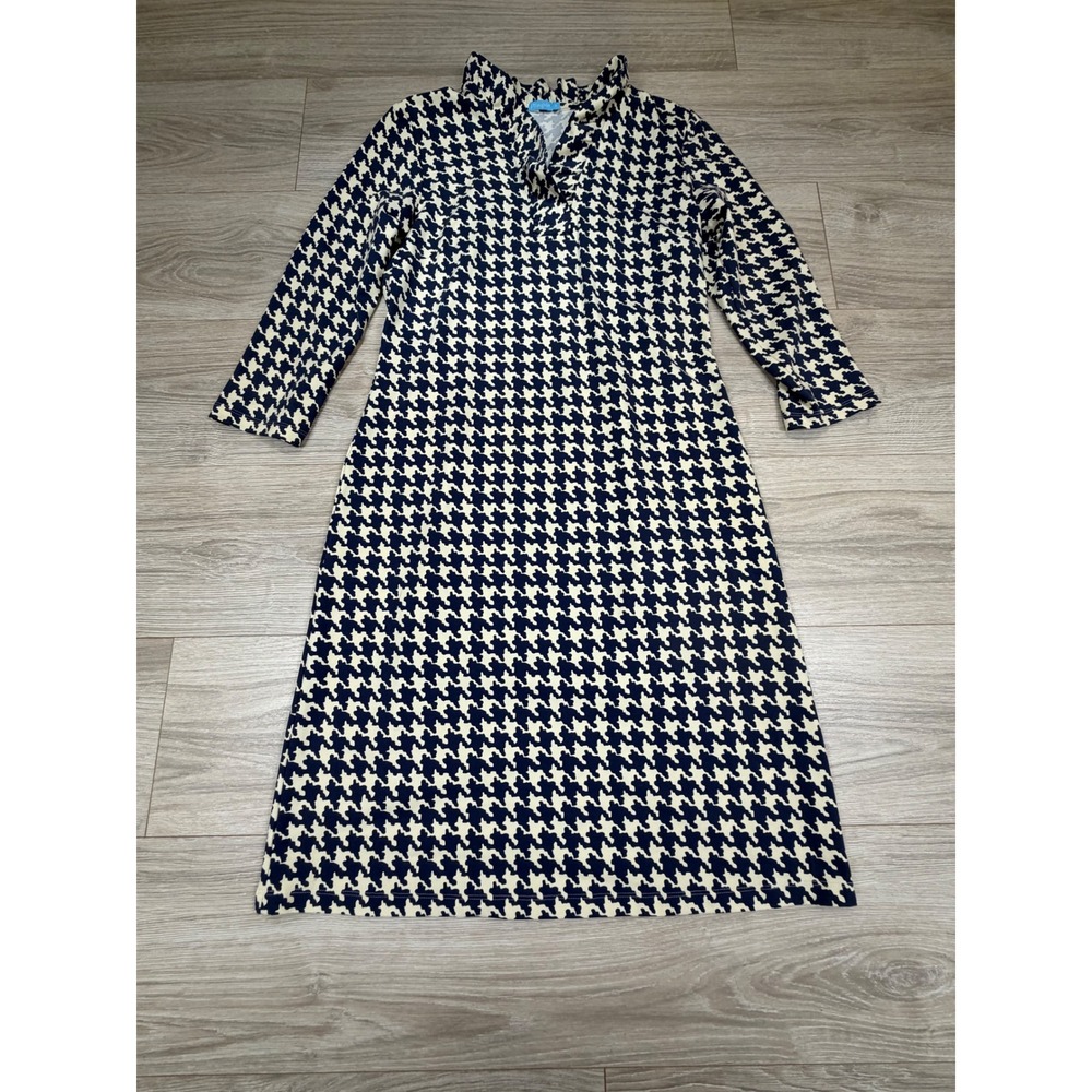 J.McLaughlin Navy Cream Houndstooth Catalina Cloth Dress Ruffle Neck A-Line Sz M